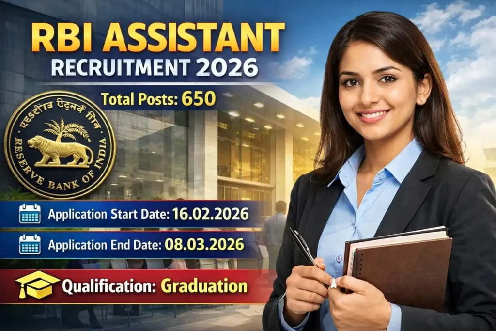 RBI Assistant Recruitment 2026 notification banner showing 650 total posts, application dates 16 February 2026 to 08 March 2026 and graduation qualification required
