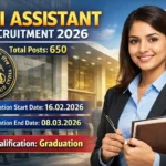 RBI Assistant Recruitment 2026 notification banner showing 650 total posts, application dates 16 February 2026 to 08 March 2026 and graduation qualification required