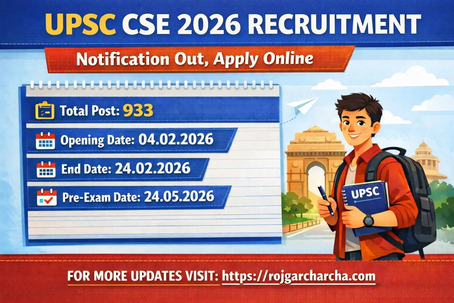 UPSC CSE 2026 Recruitment notification image showing total posts 933, application dates 04 February to 24 February 2026 and Pre Exam date 24 May 2026